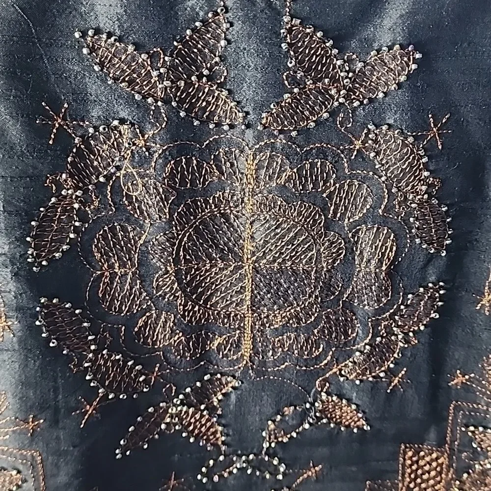 Silk Jacket Shirt Shacket Button Up Beaded Rust Embroidered Design Size 3 Chicos
